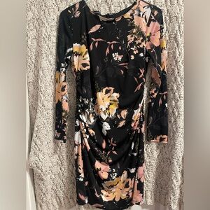 INC International Concepts Black and Pink Floral Long Sleeve Dress